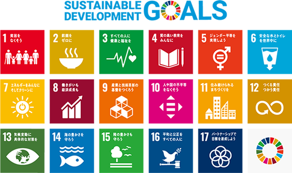 Sustainable development goals：1：貧困をなくそう、2：飢餓をゼロに、3：すべての人に健康と福祉を、4：質の高い教育をみんなに、5：ジェンダー平等を実現しよう、6：安全な水とトイレを世界中に、7：エネルギーをみんなにそしてクリーンに、8：働きがいも経済成長も、9：産業と技術革新の基盤をつくろう、10：人や国の不平等をなくそう、11：住み続けられるまちづくりを、12：つくる責任つかう責任、13：気候変動に具体的な対策を、14：海の豊かさを守ろう、15：陸の豊かさも守ろう、16：平和と公正をすべての人に、17：パートナーシップで目標を達成しよう